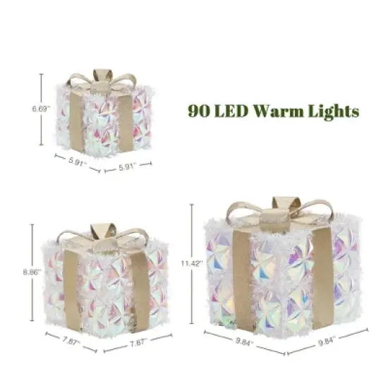 LuxenHome 3-Piece Prism Gift Boxes with Gold Ribbon Holiday Decoration with Lights Multicolored, Gold, White image {1}
