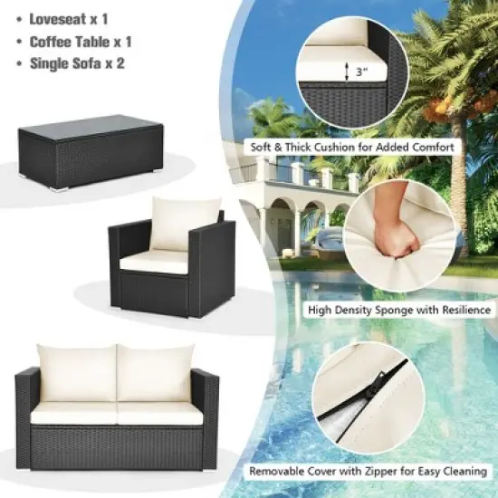Costway 4PCS Patio Rattan Furniture Set Cushioned Sofa Chair Coffee Table Off White image {6}