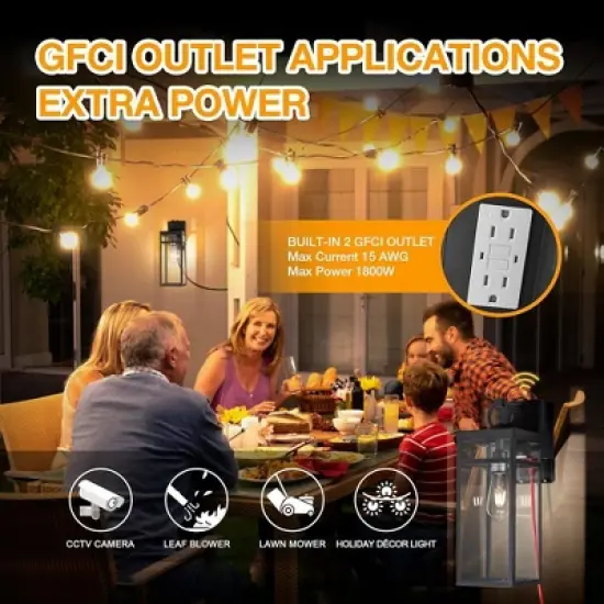 ALOADECOR 1 Light Black Dusk to Dawn Sensor Outdoor Wall Lantern Coach Sconces Light with Clear Glass and built-in GFCI Outlets (2 Pack) image {8}