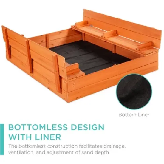Best Choice Products 47x47-Inch Kids Wooden Outdoor Sandbox w/ 2 Foldable Bench Seats, Sand Protection, Liner - Brown image {4}