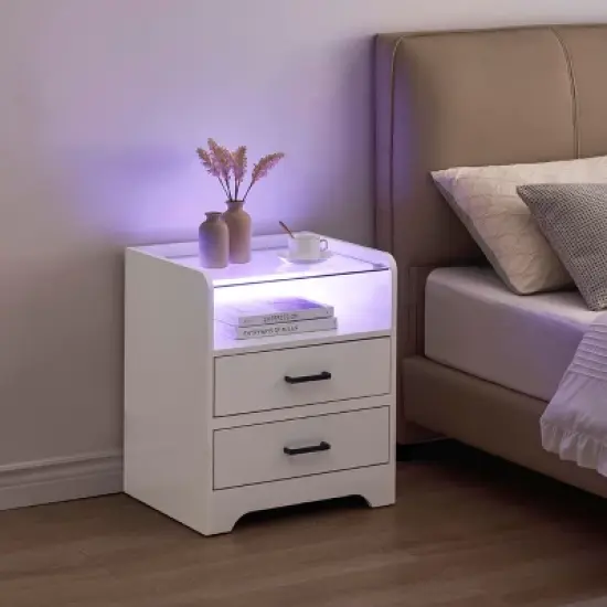 Homhougo Nightstand Set of 2, White Night Stand with LED Lights and 2 Drawers White image {3}