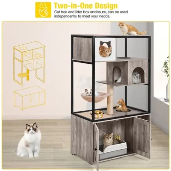 Aivituvin Wooden 3-Story Cat Condo with Litter Box Enclosure| Strong Iron Frame-AIR102 /102-I image {9}