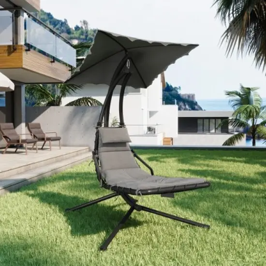 Chaise Lounger Swing Chair with Umbrella Canopy, Patio Hanging Chaise Lounger Chair with Stand, Curved Steel Outdoor Lounge Chairs for Indoor, Outdoor image {1}