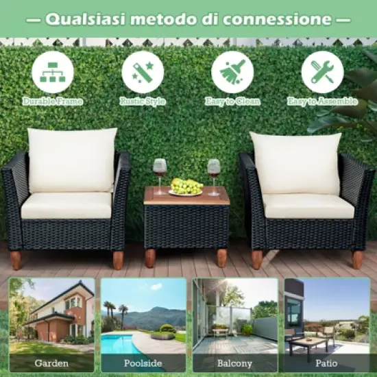 Tangkula 3-Piece Wicker Patio Furniture Set Outdoor Conversation Set w/ Cushions & Coffee Table image {6}