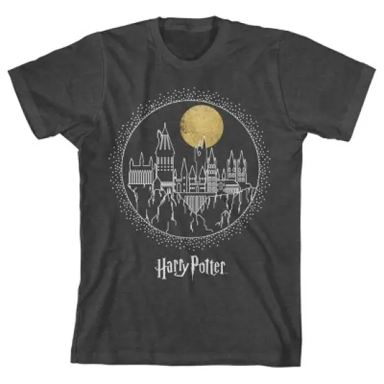 Harry Potter Hogwarts Castle Moonlight Line Art Boy's Charcoal Heather Tshirt image {3}