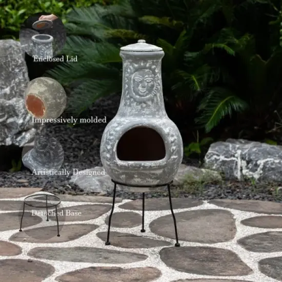Vintiquewise Outdoor Clay Chiminea Fireplace Sun Design Wood Burning Fire Pit with Sturdy Metal Stand, Barbecue, Cocktail Party, Cozy Nights Fire Pit image {4}
