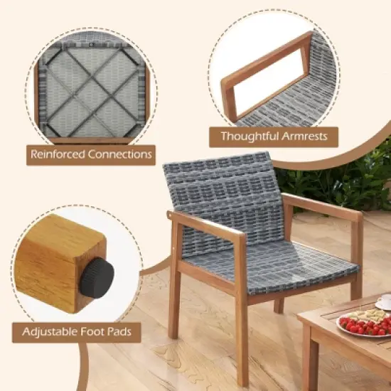 Tangkula 4-Piece Patio Furniture Set PE Rattan Patio Bistro Set with Loveseat Single Chairs & Coffee Table Outdoor Acacia Wood Conversation Set image {6}