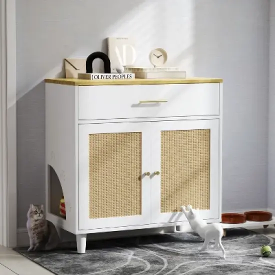 Cat Litter Box Enclosure, Hidden Litter Box Cabinet Furniture with with Drawer and Scratch Pad Doors, Indoor Wood Cat Kitty House Furniture image {5}