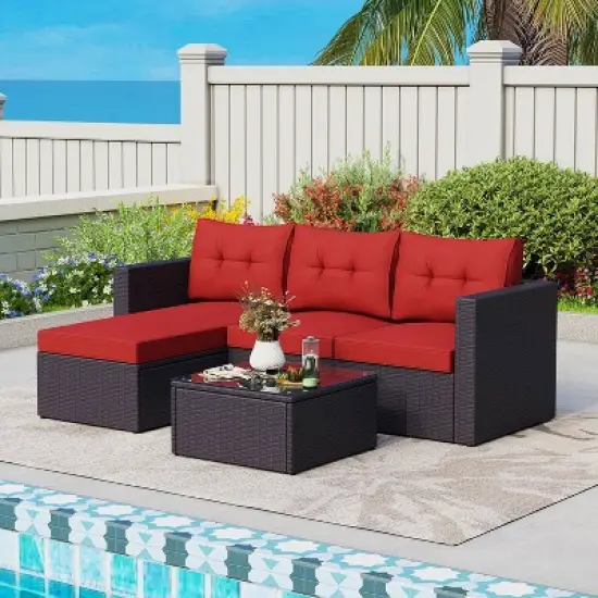 3pc Steel & Wicker Outdoor Conversation Set with Square Coffee Table & Cushions - Captiva Designs
 image {12}