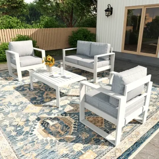 LayinSun 4 Pieces Aluminum Outdoor Patio Furniture Set, Metal Modern Conversation Sofa Set with Coffee Table and Washable Thick Cushions image {11}