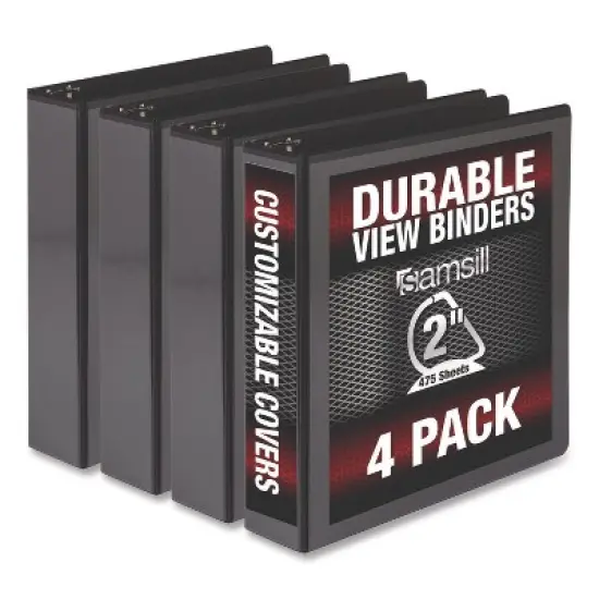 Samsill Durable D-Ring View Binders, 3 Rings, 2" Capacity, 11.5" x 8.5", Black, 4/Pack image {1}