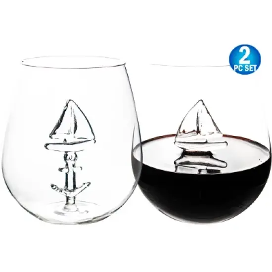 5 Star Super Deals Sail Boat Wine Glass w/ 3D Sailboat and Nautical Anchor Design - 2PC -  Unique Sea Themed Wine Stemware for Wine image {7}