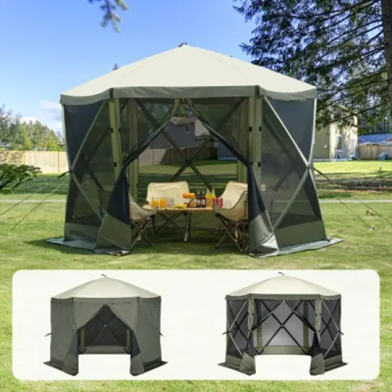 VEVOR Pop Up Gazebo Tent, Pop-Up Screen Tent 6 Sided Canopy Sun Shelter, 10x10FT Quick Set Screen Tent with Mosquito Netting, Army Green image {1}