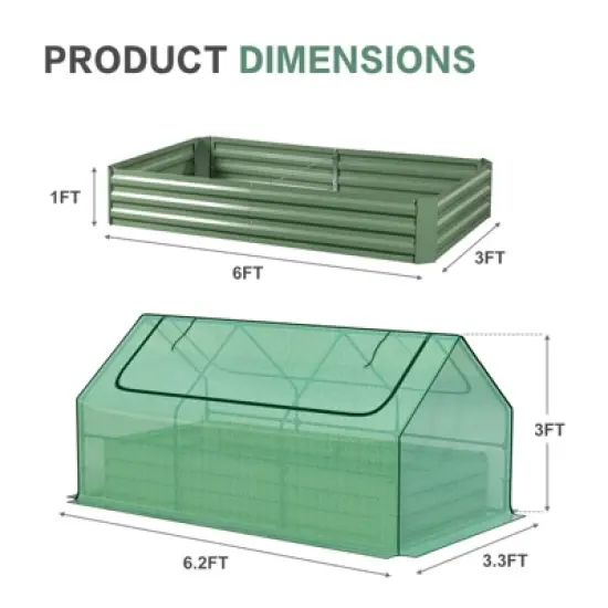 Aoodor 6 x 3 x 1 ft Raised Garden Bed with Mini Greenhouse Kit, Metal Planter Box with 2 Roll-Up Zipper Doors for Vegetables, Herbs, and Flowers image {2}