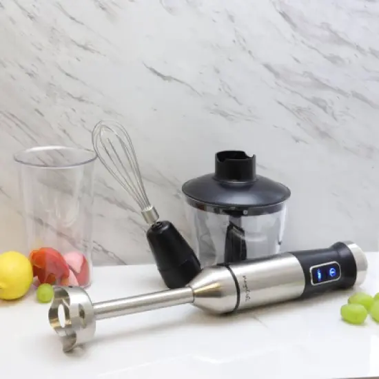 MegaChef 4-in-1 Multipurpose Immersion Hand Blender - Silver: Portable Handheld, 300W, 2 Speeds, Includes Chopper & Whisk image {1}
