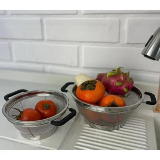 SAMMART Set of 2 Stainless Steel Mesh Colander with Black Silicone Handle - Strainer for Pasta, Noodle and Fruits image {4}