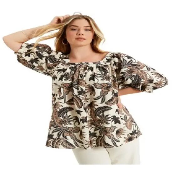 June + Vie by Roaman's Women&rsquo;s Plus Size Puff Sleeve Lino Soleil Top image {1}