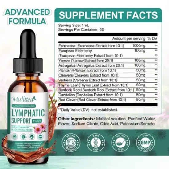 Mulittea Lymphatic Drainage Drops &ndash; Vegan 11-in-1 Herbal Blend for Lymph System Support & Detox &ndash; 2 Fl.oz image {1}
