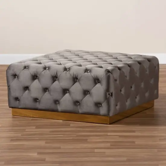 Verene Velvet Upholstered Square Cocktail Ottoman Gray/Gold - Baxton Studio image {5}