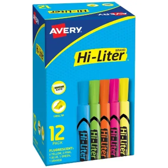 Avery Hi-Liter Desk-Style Highlighters, SmearSafe, Chisel Tip, 12 Assorted Color Highlighters (98034) image {9}
