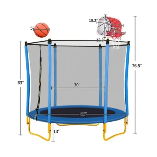 Whisen 65" Toddler Trampoline, Indoor & Outdoor Use, Enclosure, Basketball Hoop & Included Ball image {12}