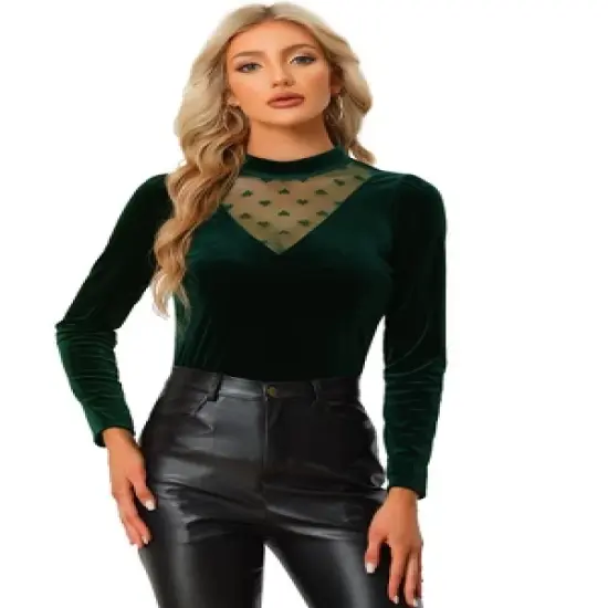 Allegra K Women's Casual Velvet Long Sleeve Choker Neck Heart Dots Mesh Panel Top image {9}
