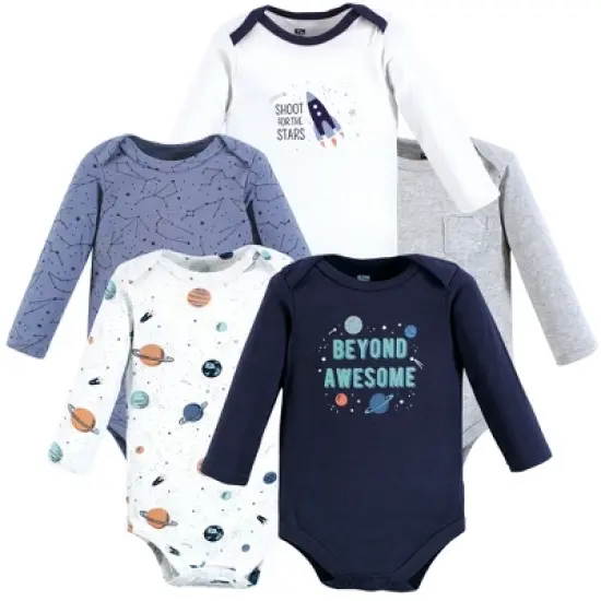 Hudson Baby Infant Boy Cotton Long-Sleeve Bodysuits, Space 5-Pack image {7}