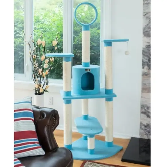 Armarkat B6605 65-Inch Classic Real Wood Cat Tree In Sky Blue, Jackson Galaxy Approved, Five Levels With Perch, Condo, Hanging Tunnel image {1}
