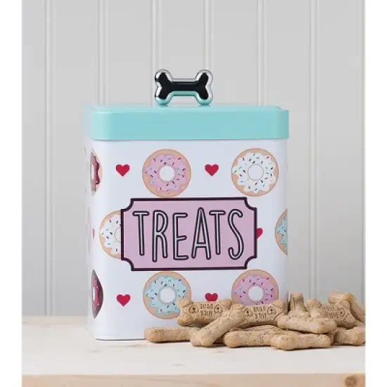Amici Pet Barkers Dozen Metal Treats Canister - Colorful Cartoon Donut Design Storage Tin with Silver Bone Knob Lid, Food Safe - 96 oz image {1}