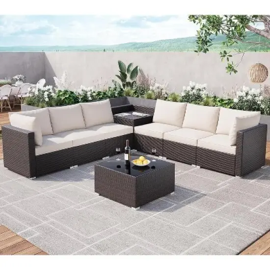 Garvee 5 Piece Outdoor Patio Furniture Sets, Wicker Conversation Set for Porch Deck, Rattan Sofa Chair with Cushion image {7}