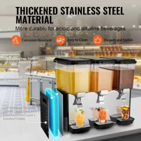 VEVOR Commercial Beverage Dispenser, 3 Tanks 18 L / 19 QT Per Tank Juice Dispenser, 512W Stainless Steel Ice Tea Drink Machine image {4}