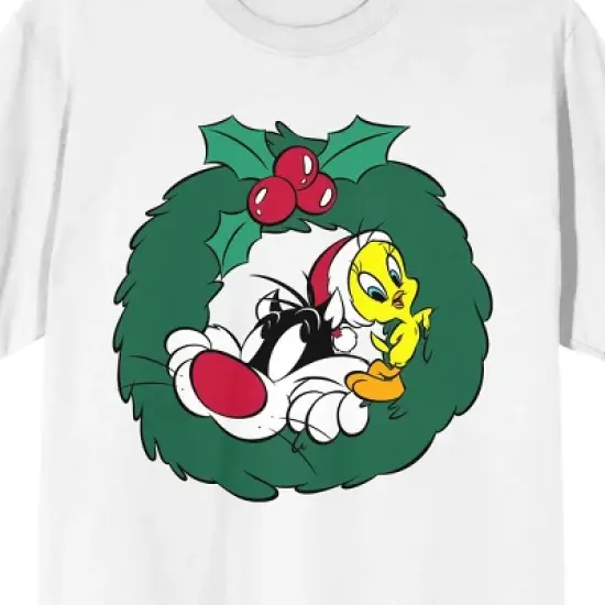Looney Tunes Sylvetster And Tweety Christmas Wreath Crew Neck Short Sleeve Women's White T-shirt image {1}