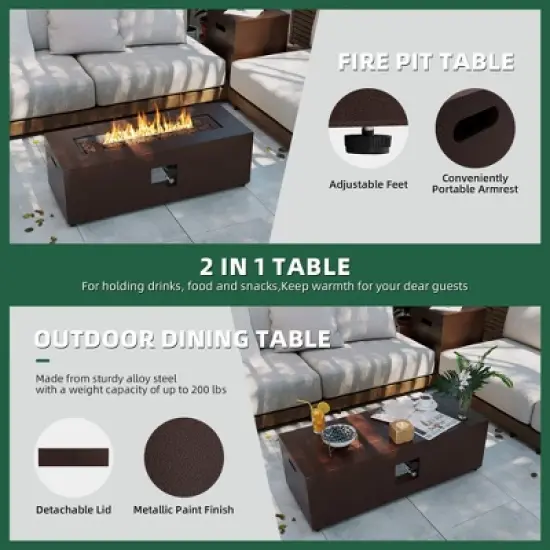 UPHA 42"  Outdoor Propane Fire Pit Coffee Table, Rectangular Patio Heater w 50,000 BTU Stainless Steel Burner, Tank Table and Rain Cover image {5}