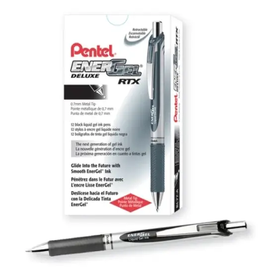 Pentel&reg; EnerGel RTX Retractable Liquid Gel Pen, (0.7mm) Metal Tip, Medium Line, Black Ink, 1 Dozen image {3}