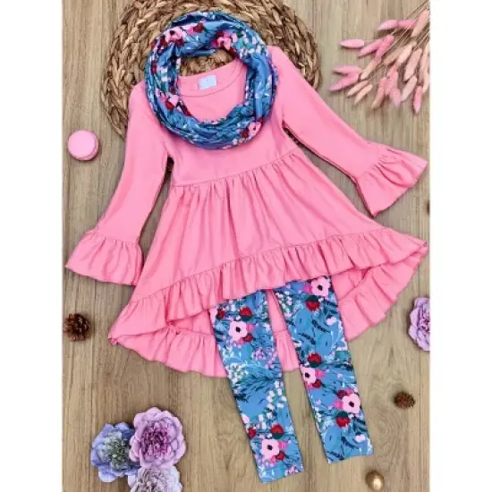 Girls Flawless Hi-Lo Ruffle Tunic, Floral Leggings & Scarf Set - Mia Belle Girls image {3}