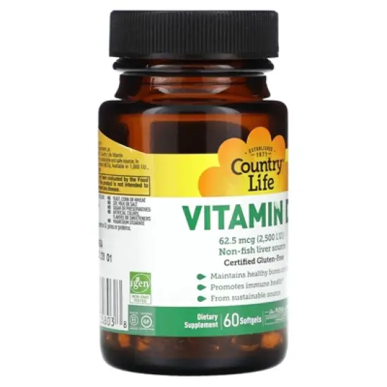 Country Life Vitamin D3, 62.5 mcg (2,500 IU), 60 Softgels image {3}