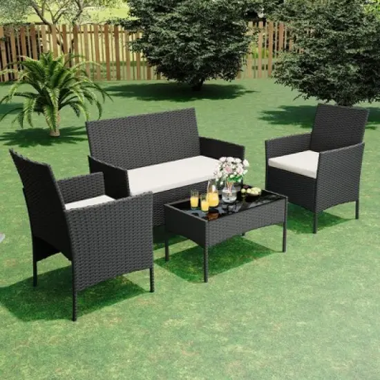 4-Piece All-Weather Patio Set - UV-Resistant PE Rattan & Rust-Proof Iron, Ergonomic Chairs, Tempered Glass Table for Indoor/Outdoor image {7}