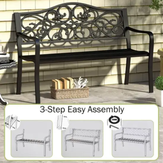 Costway 50" Porch Bench with Ergonomic Backrest & Armrests Floral Patterns Curved image {6}