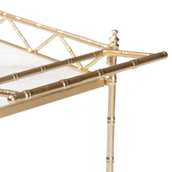 Mela Metal and Marble 2 Tier Wine Cart Gold/White Marble - Baxton Studio image {4}