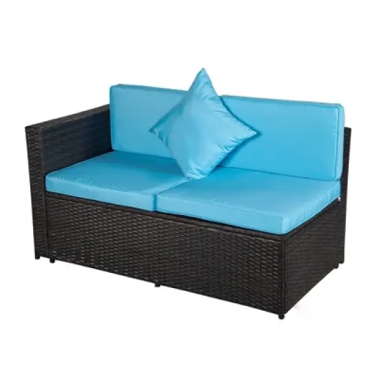 4pc Wicker Patio Sectional Seating Set with Cushions - Brown/Blue - GODEER image {8}