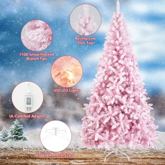 Costway 7.5FT Pre-Lit Snow Flocked Pink Christmas Tree 1100 Tips w/ 450 Lights & 8 Modes image {8}