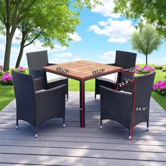 Mshliw 5-Piece Outdoor Patio Wicker Dining Set, Black Wicker with Acacia Wood Top and Creme Cushions for Garden, Courtyard, or Balcony image {4}