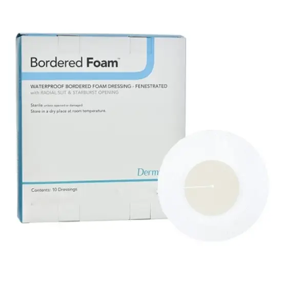 BorderedFoam Foam Dressing 4" Diam. Fenestrated Round With Border Waterproof Backing 00288E 10 per Box image {1}