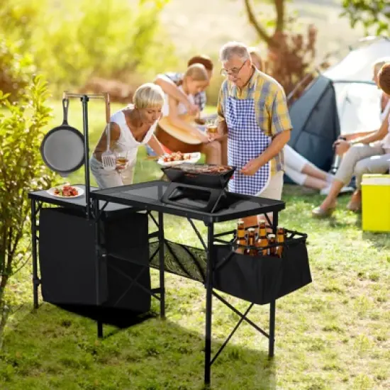 MUKE Portable Camping Kitchen Table with Storage, Light Pole & Side Hooks, Folding Outdoor Cook Station for Picnic image {7}