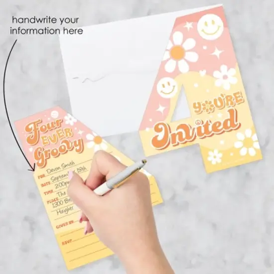 Big Dot of Happiness Four-Ever Groovy - Shaped Fill-In Invitations - Boho Hippie Fourth Birthday Party Invitation Cards with Envelopes - Set of 12 image {1}