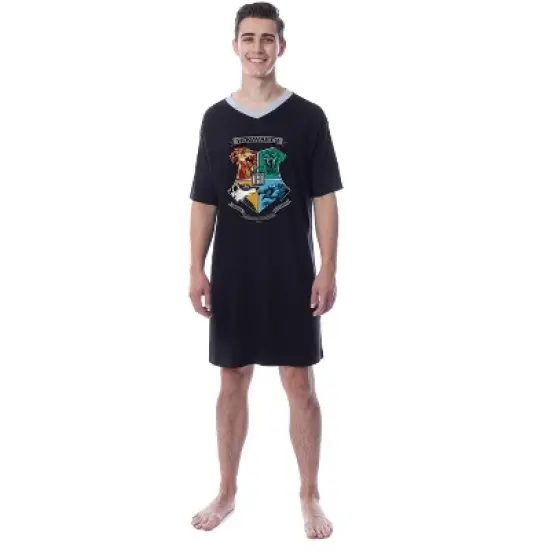 Harry Potter Mens' Hogwarts Houses Crest Stained Glass Sleep Pajama Shirt Black image {3}