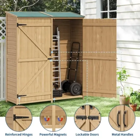 Wooden Outdoor Storage Cabinet , Garden Tool Shed with  Removable Shelves and Waterproof Roof, Lockable Doors, Large  Patio Storage image {2}