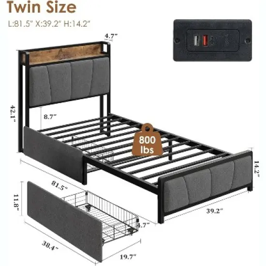 Twin/Full/Queen/King Size Upholstered Bed Frame with Storage Headboard, 2 Drawers, USB Charging Station, No Box Spring Needed, Heavy Duty, Grey image {2}