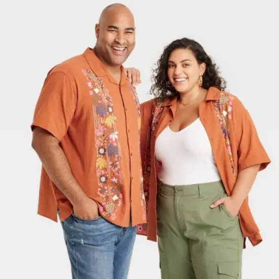 Latino Heritage Month Adult Short Sleeve Floral Woven Button-Down Shirt - Orange image {3}