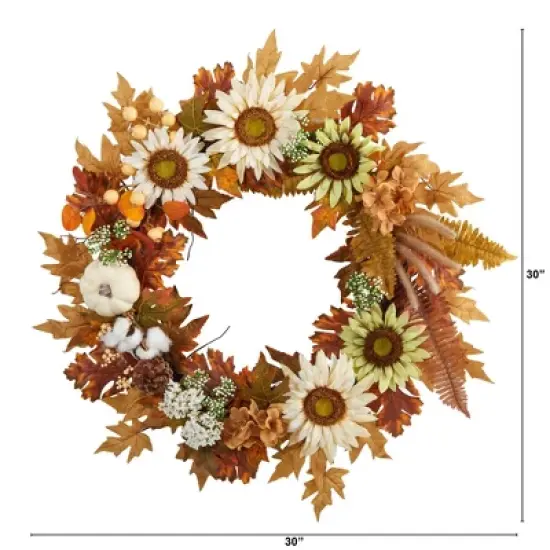 Nearly Natural 30&rdquo; Autumn Sunflower, White Pumpkin and Berries Artificial Fall Wreath image {1}